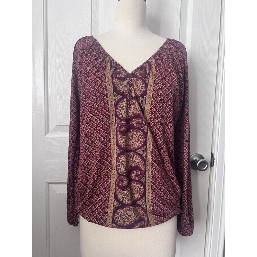 Lucky Brand Blouse Womens Medium Purple Paisley Loose Long Sleeve Boho Flowy
